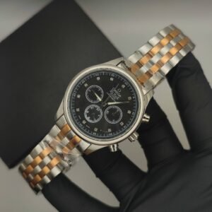 “Omega Silver Two Tone Royale Automatic Watch with Skeleton Back (Black)”